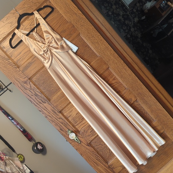 NWT Dave & Johnny 100% Silk Gold Sleeveless Open Back Floor Length Dress Size 2 - Picture 2 of 10